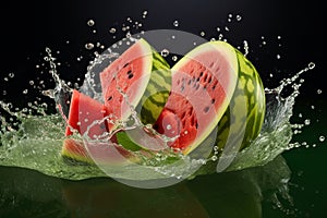 Juicy refreshment Water splashing on watermelon against a green background