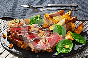 Juicy rib eye beef steak with fried potato wedges