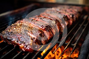 juicy ribs on grill while being basted
