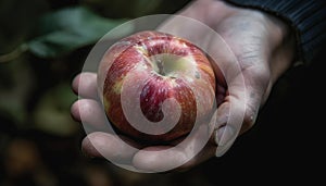 Juicy ripe apple held in hand, symbolizing healthy lifestyles outdoors generated by AI