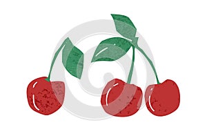 Juicy ripe cherry with stems and leaves vector flat illustration. Hand drawn fresh red berries isolated on white