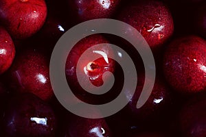 Juicy ripe dark sweet cherries macro photography