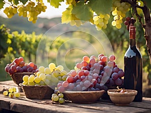 juicy ripe grapes on a wooden table in baskets and bowls in a rustic style