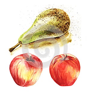 Juicy ripe green pear conference and bright red bulk apples on a white background. Set of three hand-drawn colorfull watercolor