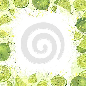 Juicy ripe limes with splashes citrus juice. Square frame isolated on white. Copy space for text. Watercolor summer