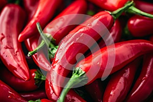 juicy ripe pods of hot cayenne and chili peppers, spices, top view photo