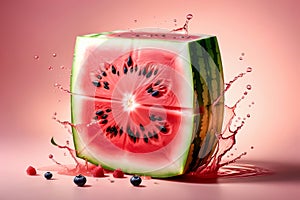 juicy ripe watermelon, splash of juice, isolated on pink background