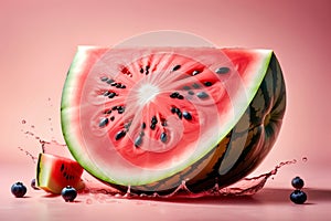 juicy ripe watermelon, splash of juice, isolated on pink background