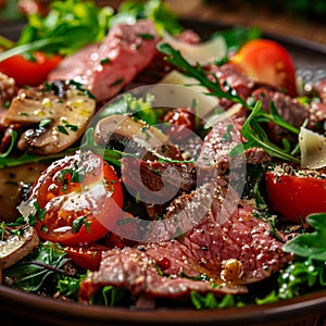 Juicy Roast Beef Salad, Medium Rare Meat with Cherry Tomatoes, Champignons, Lettuce Leaves