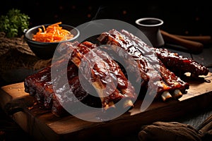 Juicy roasted barbecue pork ribs, expertly sliced and beautifully presented for your enjoyment