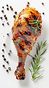 Juicy roasted chicken drumstick with sprinkled herbs and rosemary on a clean white backdrop for a culinary theme.