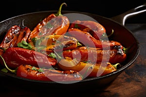 Juicy Roasted peppers in pan. Generate ai