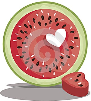 Juicy round slice of a watermelon with a cut out heart