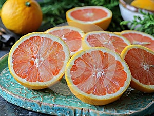 Juicy Ruby Red Grapefruit Slices on Rustic Plate