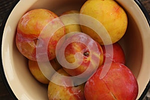 Juicy seasonal plums on the table macro