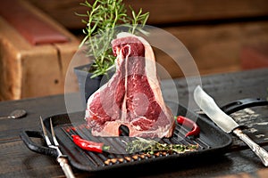Juicy, seasoned t-bone steak in a standing position on a grill pan with sprinkled spices and pods of red chili peppers