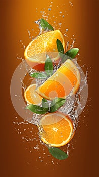 Juicy sensation Fresh orange slices adorned with dynamic water splashes