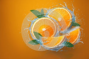 Juicy sensation Fresh orange slices adorned with dynamic water splashes