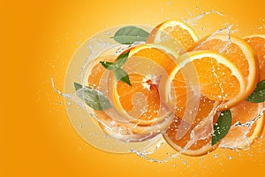 Juicy sensation Fresh orange slices adorned with dynamic water splashes