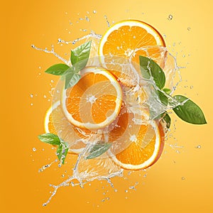 Juicy sensation Fresh orange slices adorned with dynamic water splashes