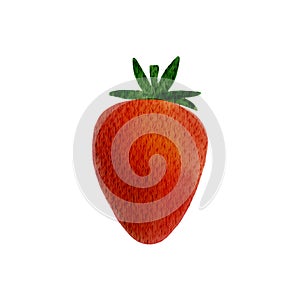Juicy single ripe strawberry on a white background. Close-up watercolor texture illustration of strawberry.