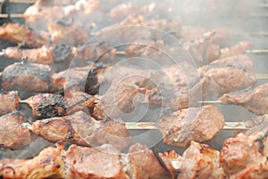 Juicy skewered meat grills over a smoky barbecue, capturing the essence of summer cookouts