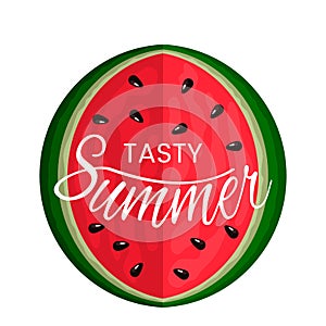 Juicy slice of watermelon bite with hand lettering Tasty summer. logo on a white background. flat isolated vector