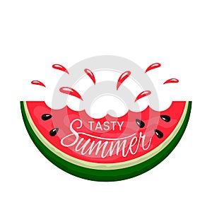 Juicy slice of watermelon bite with hand lettering Tasty summer. logo on a white background. flat isolated vector