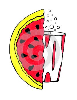 A juicy slice watermelon and a stylish glass. Drawn with a marker.