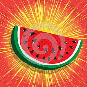 Juicy slice of watermelon. Yellow, shiny radial rays speed lines on bright red background. Abstract background, vector