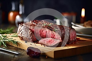 Juicy sliced grilled meat steak Rib eye medium rare set, on cutting board rosemary on black wooden table background. Generative AI