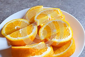 Juicy sliced orange on white round plate.