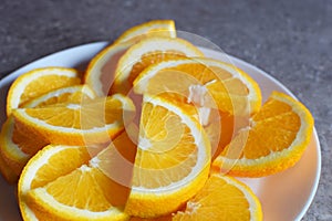 Juicy sliced orange on white round plate.