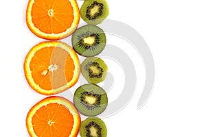 Juicy slices of orange and kiwi fruit close up