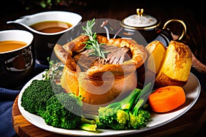 Juicy slices of roast beef on a bed of crispy golden Yorkshire pudding, garnished with fresh herbs