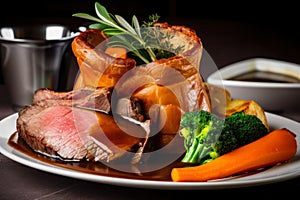 Juicy slices of roast beef on a bed of crispy golden Yorkshire pudding, garnished with fresh herbs