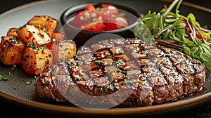 Juicy steak with a colorful assortment of vegetables displayed on a plate, ready to be enjoyed