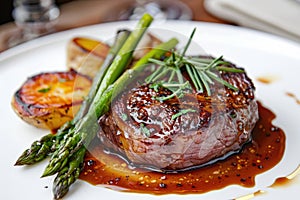 Juicy steak with a crispy crust served alongside grilled asparagus on a white plate