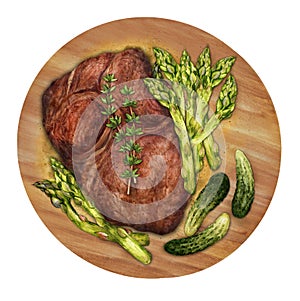 Juicy steak on a wooden board and garnish of asparagus