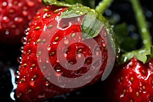 juicy strawberries. abstract background with water drops, leaf greens on wooden table
