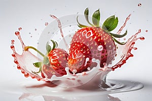 juicy strawberry falls from a height into a milky texture creating splashes