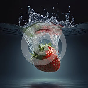 Juicy strawberry splash and submerge under water. Summer fruits concept. Generative AI