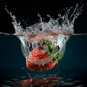 Juicy strawberry splash and submerge under water. Summer fruits concept. Generative AI