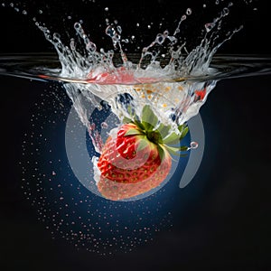 Juicy strawberry splash and submerge under water. Summer fruits concept. Generative AI