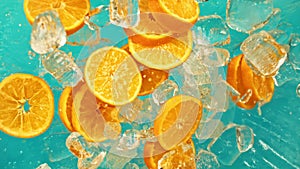Juicy sweet orange and fly ice cube or water splash or pouring drops juice in super slow motion on 1000fps.Citrus orange