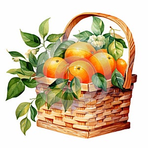 Juicy Tangerine Watercolor Illustration In Picnic Basket