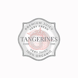 Juicy Tangerines Frame Badge or Logo Template. Hand Drawn Citrus Fruit Sketch with Retro Typography and Borders. Vintage