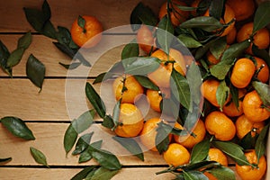 Juicy tangerines with green leaves in a wooden box