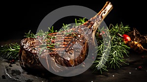 Juicy and tender grilled tomahawk steak with herbs and spices on black stone plate