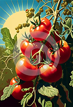 Juicy tomatoes ripen on a bush in the sun. AI generated.